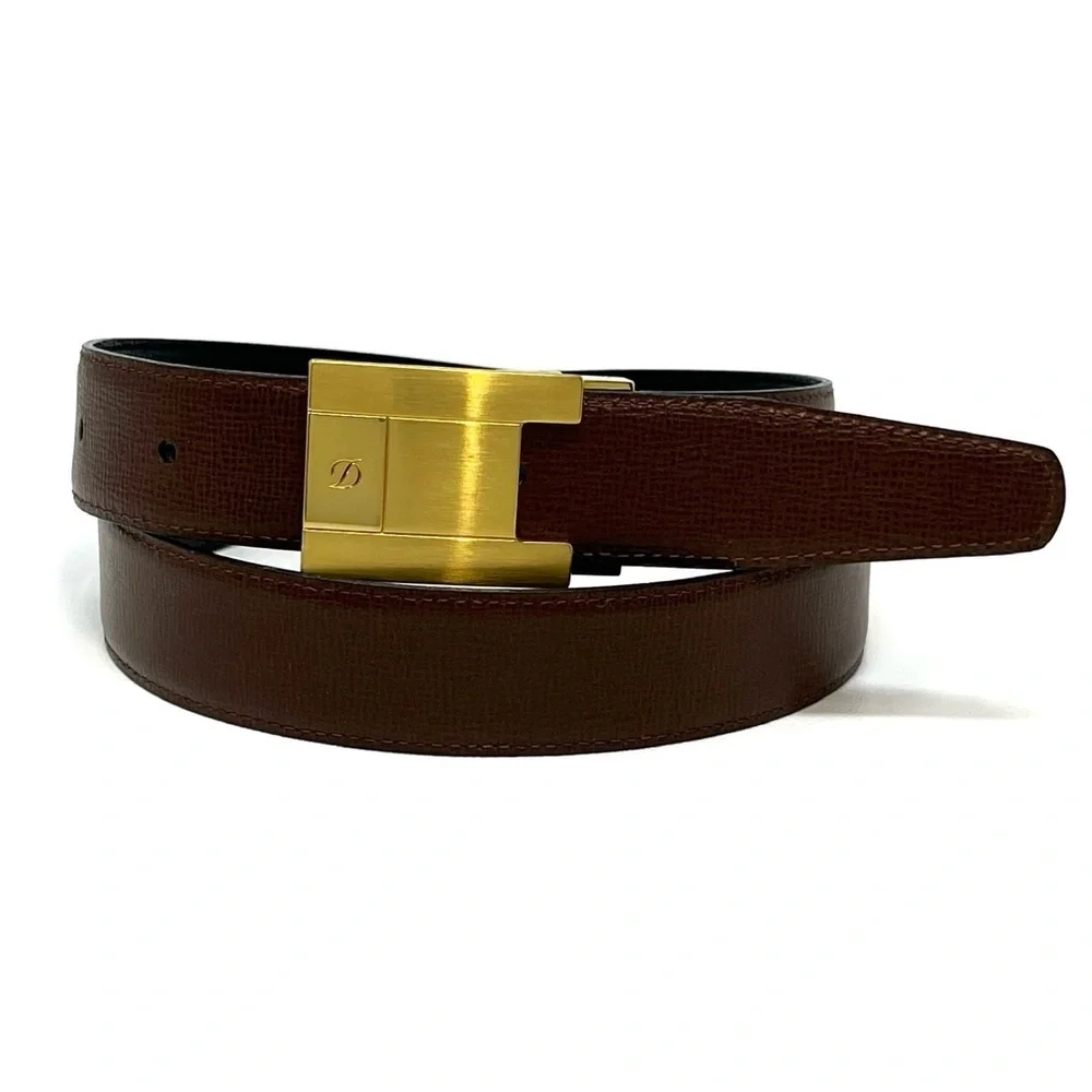 S.T. Dupont Paris Men’s Reversible Black Brown Leather Belt Size 33 Gold Buckle